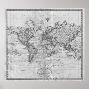 Póster Black and White World Map (1801)