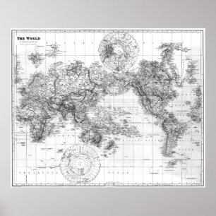 Póster Black and White World Map (1901) 2