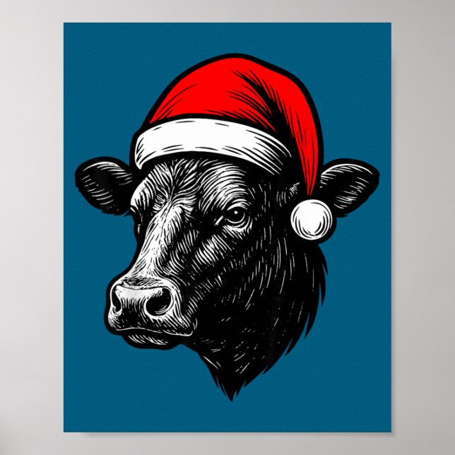 Poster Black Angus Rancher Christmas Cow Santa Hat Farmer (Frente)