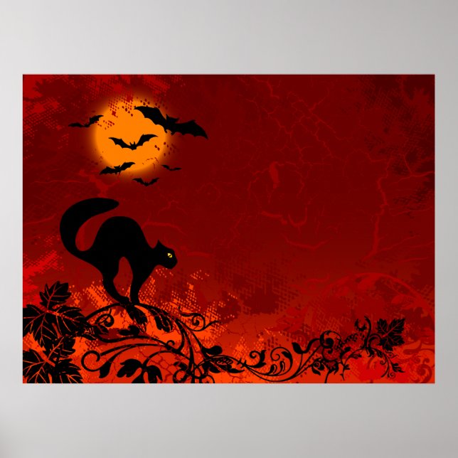 Póster Black Cat and Bats do Halloween (Frente)