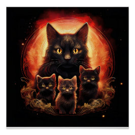 Póster Black Cat And Her Three Kittens