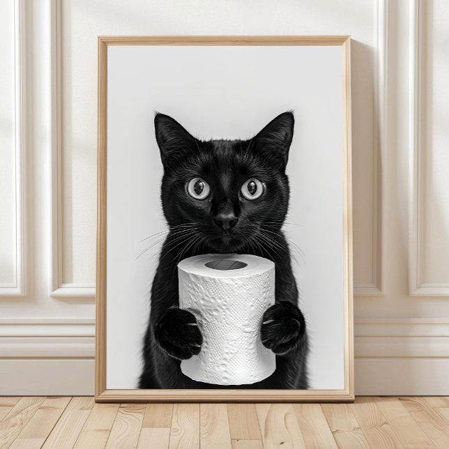Poster Black Cat Bathroom Print, Cat Holding Toilet Roll, (Criador carregado)