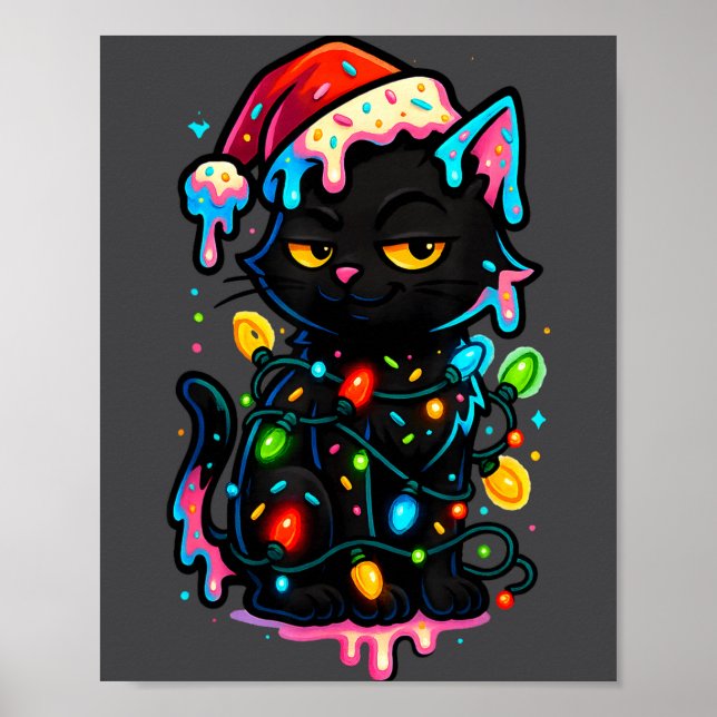 Poster Black Cat Christmas Ice Cream Drip Santa Hat Cute  (Frente)