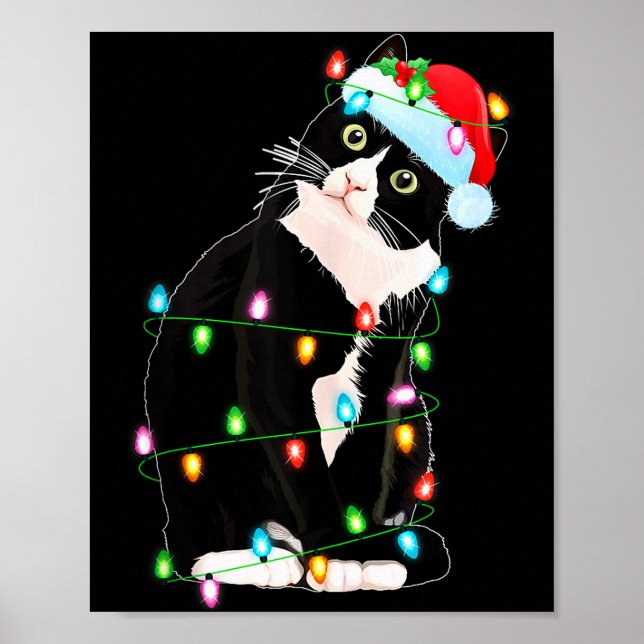 Poster Black Cat Christmas Lights Funny Santa Hat Black C (Frente)