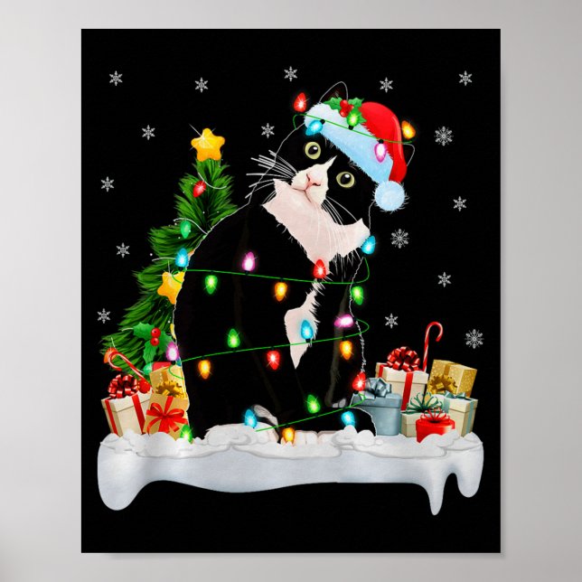 Poster Black Cat Christmas Lights Santa Hat Black Cat Lov (Frente)