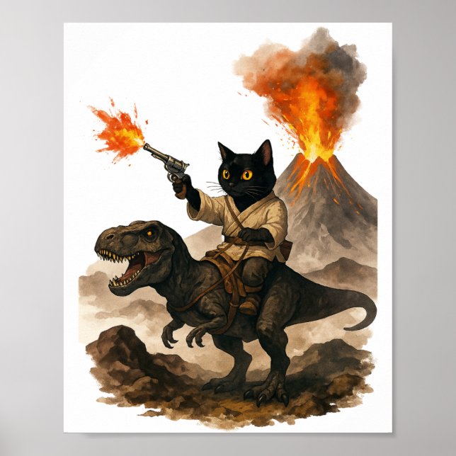 Poster Black Cat Cowboy Riding Dinosaur – Watercolor Ink  (Frente)