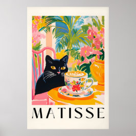 Poster Black Cat Drinking Coffee Funny Matisse Style