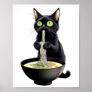 Poster Black Cat Eating Ramen Noodles Japonês Comida