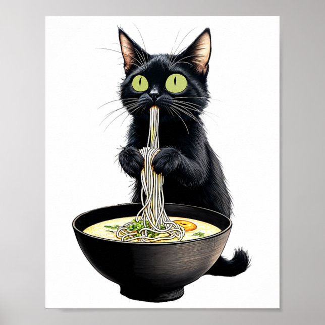 Poster Black Cat Eating Ramen Noodles Japonês Comida (Frente)