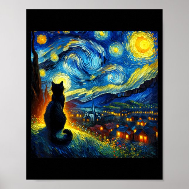 Poster Black Cat Funny Cat Lover Mom Daddy Starry Night V (Frente)