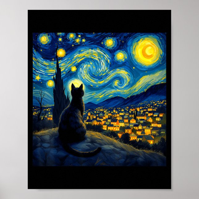 Poster Black Cat Funny Cat Lover Mom Daddy Starry Night V (Frente)