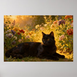 Poster Black Cat in the Flowers I