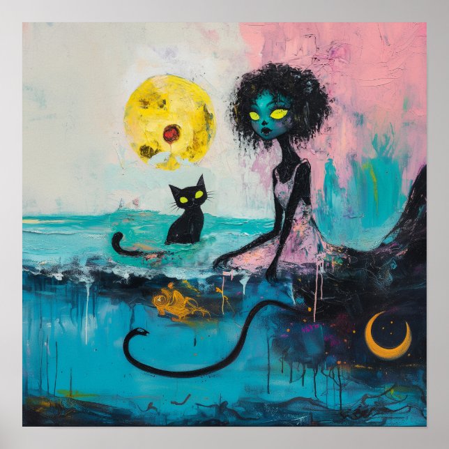 Poster Black Cat Moon Magical Witchy AI Art Semi Gloss (Frente)