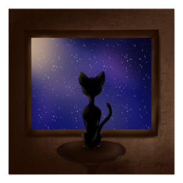 Póster Black Cat olhando pela janela estrelas do céu notu