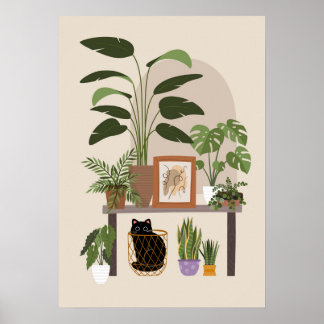 Poster Black Cat Plant Lover Cozy Home Aesthetic Modern 