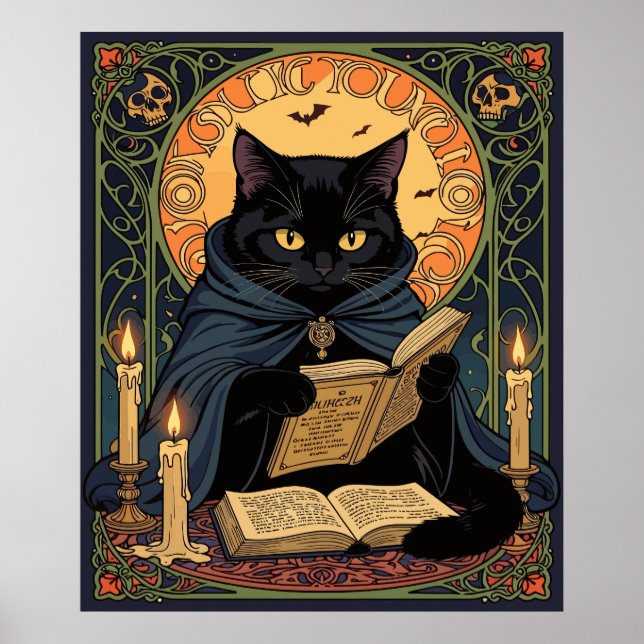 Poster Black Cat Reading A Book Of Solstice Spells (Frente)