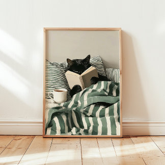 Poster Black Cat reading book in bed