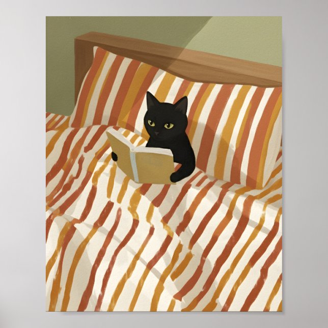 Poster Black Cat Reading in Bed | Peaceful Bedroom | Cat  (Frente)