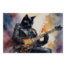 Póster Black Cat Rock Star Tocando Jaqueta de couro de vi