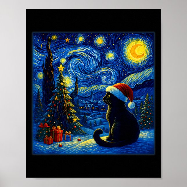 Poster Black Cat Santa Hat Van Gogh Starry Night Christma (Frente)