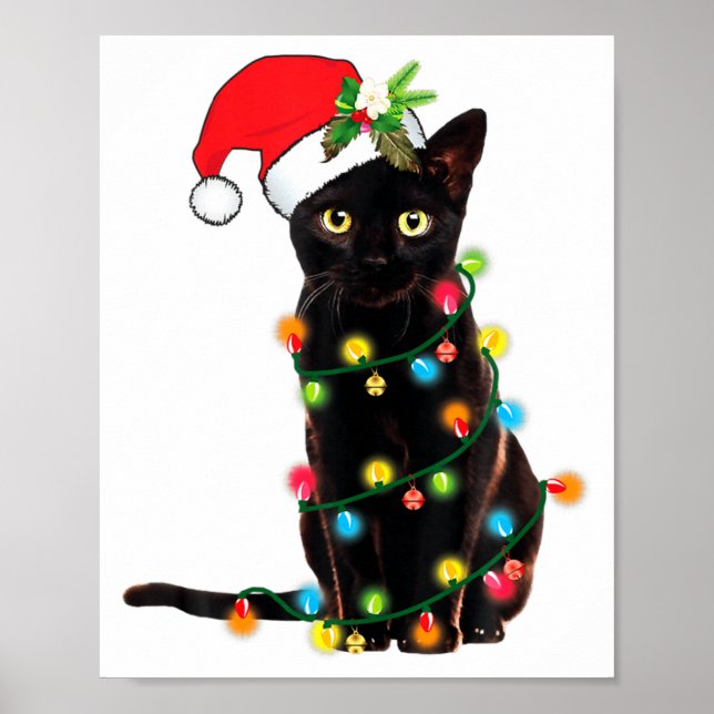 Poster Black Cat Santa Tangled Up In Christmas Lights  (Frente)