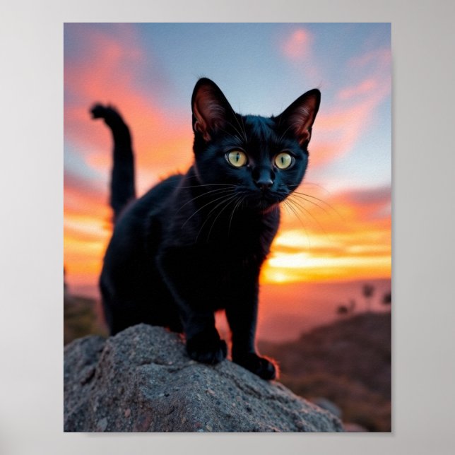 Poster Black Cat Silhouette at Sunset Wall Art (Frente)