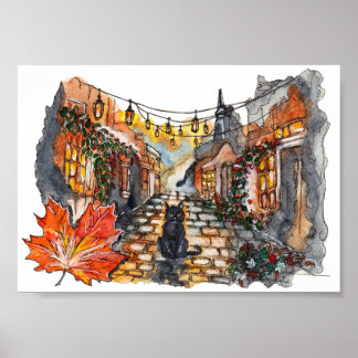 Poster Black Cat Village Road Halloween Watercolor