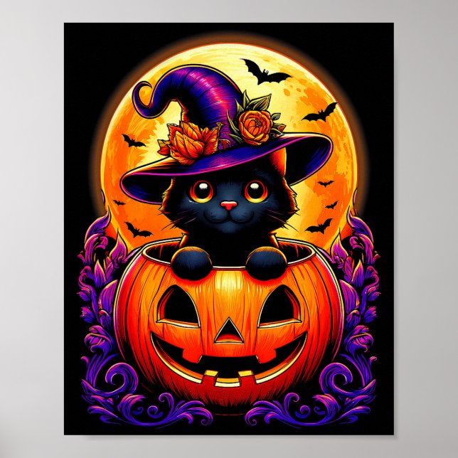 Poster Black Cat Witch Hat Pumpkin Funny Halloween Men Wo (Frente)