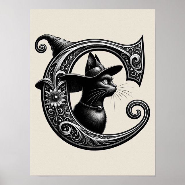 Poster Black Cat Witchy - Letra C Personalizada Inicial (Frente)