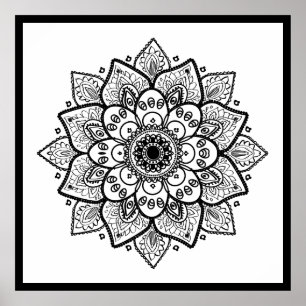 Póster Black Floral Mandala On White