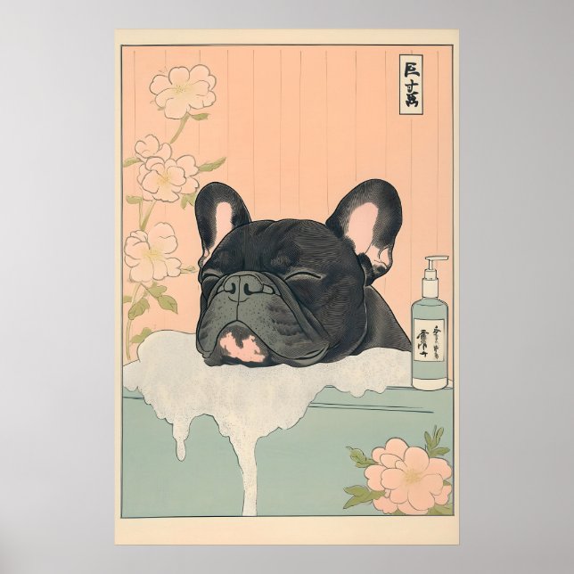Poster Black French Bulldog Bathroom Print Japandi (Frente)
