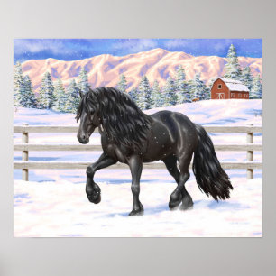 Poster Black Friesian Draft Horse In Snow