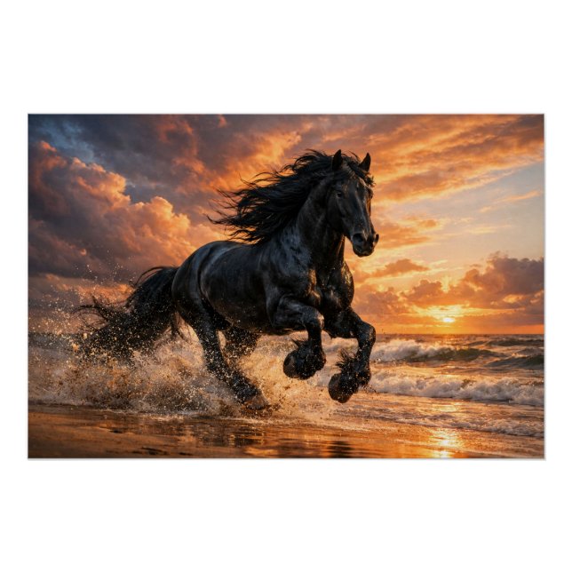 Póster Black Friesian Horse at Sunset, Powerful Beach Run (Frente)