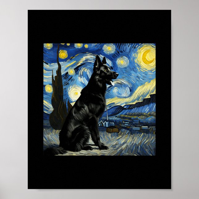 Poster Black German Shepherd Starry Night Van Gogh Thanks (Frente)