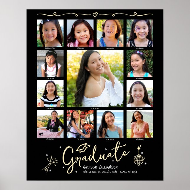 Poster Black Gold Graduation K–12 Photo Collage Doodles (Frente)