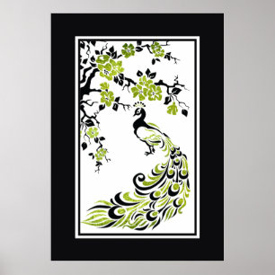 Póster Black, green peacock and cherry blossoms