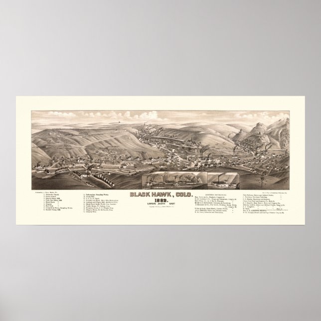 Póster Black Hawk, CO Panorâmica Map - 1882 (Frente)