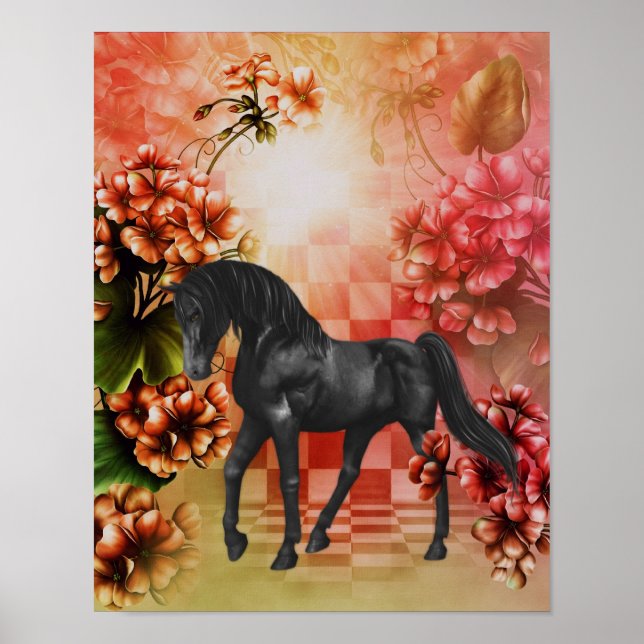 Póster Black Horse Flowers Fantasy Art (Frente)