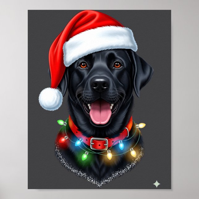 Poster Black Lab Labrador Christmas Dog Santa Hat Light P (Frente)