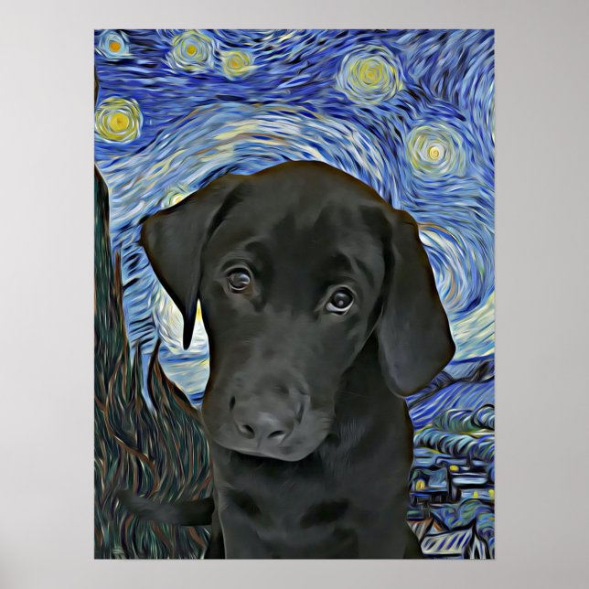 Poster Black Lab Puppy Starry Night Van Gogh Inspirou (Frente)