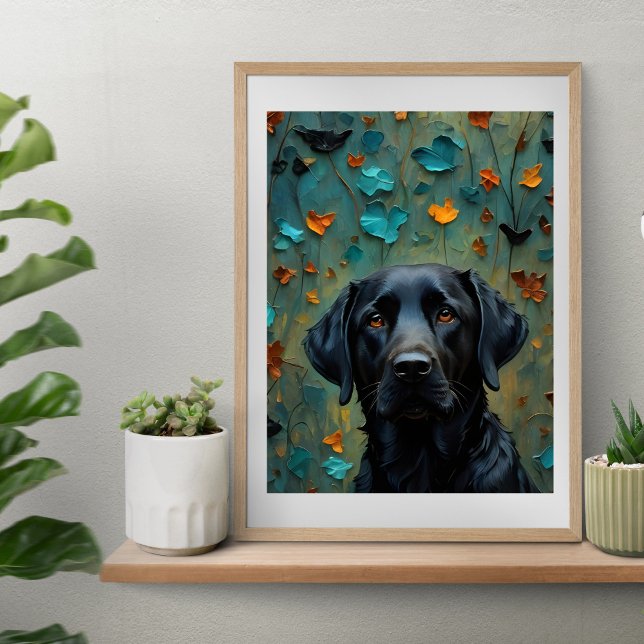 Poster Black Labrador in Leaves (Black Labrador in Leaves Poster print artwork from Ricaso. Stunning black lab retriever print)