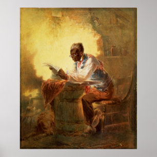 Póster Black Man Reading Newpaper by Candlelight