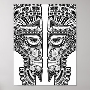 Poster Black Mayan Twins Mask on White