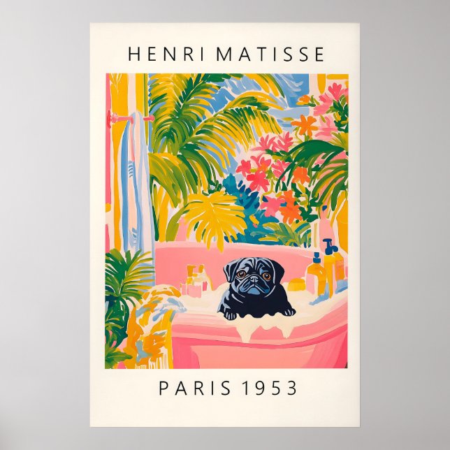 Poster Black Pug in Bathtub Art Print Funny Dog Bathroom (Frente)