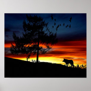 Poster Black Silhouette of Wolf, Birds and Tree in Sunset