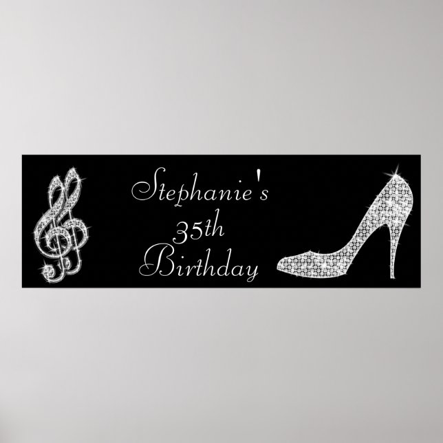 Póster Black/Silver Music Note e Stiletto 35th Birthday (Frente)