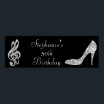 Póster Black/Silver Music Note e Stiletto 50th Birthday<br><div class="desc">Banner personalizado, elegante e personalizado da festa de celebração da festa de aniversário 50ª. Lindas faixas de festa de aniversário de preto e prata e de 50/50 anos de idade / 50 anos de idade com imagens impressas glamourosas / diamantes brilhando, sequências, joias brilham alto salto calçado e notas musicais...</div>