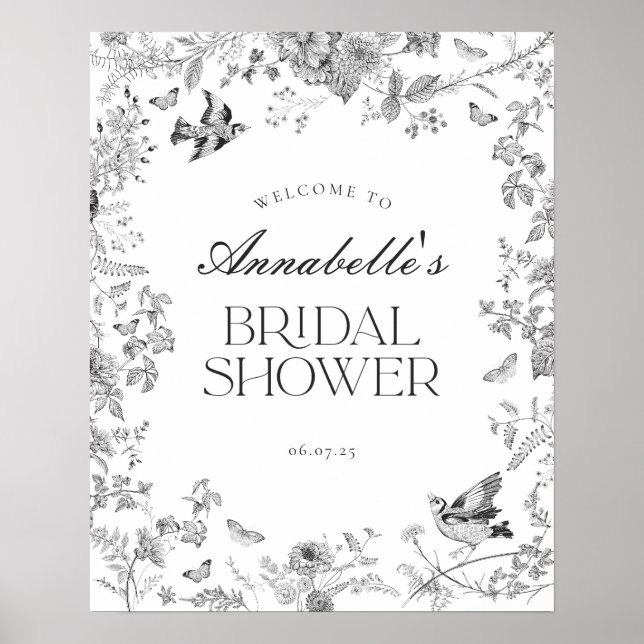 Poster Black Toile Jouy Floral Bridal Shower Welcome Sign (Frente)