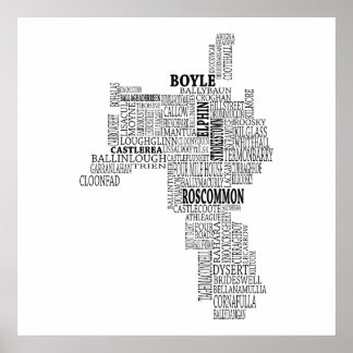 Póster Black Typografia Map of Co. Roscommon, Irlanda
