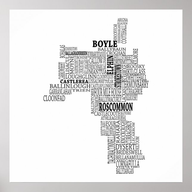 Póster Black Typografia Map of Co. Roscommon, Irlanda (Frente)